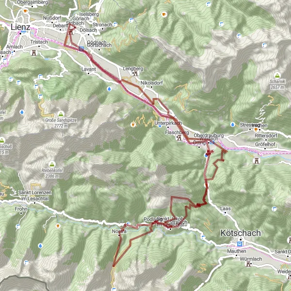 Kartminiatyr av "Rundtur fra Debant med grusvei" sykkelinspirasjon i Tirol, Austria. Generert av Tarmacs.app sykkelrutoplanlegger