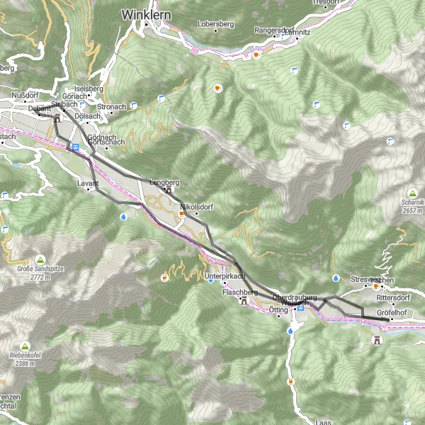 Karttaminiaatyyri "Kulttuurimatka Aguntumiin" pyöräilyinspiraatiosta alueella Tirol, Austria. Luotu Tarmacs.app pyöräilyreittisuunnittelijalla