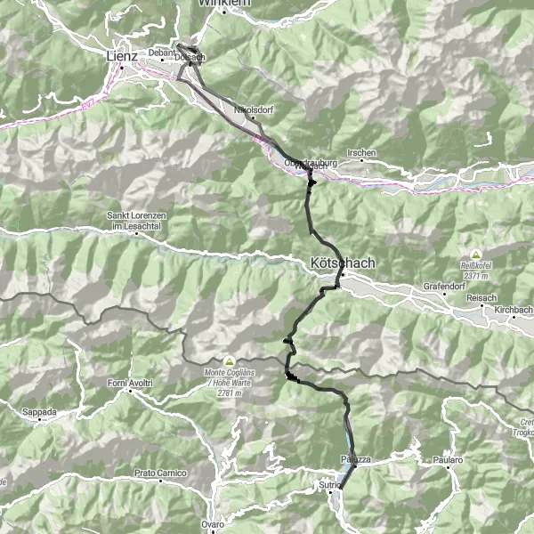 Miniatura della mappa di ispirazione al ciclismo "Giro in bici stradali alpino" nella regione di Tirol, Austria. Generata da Tarmacs.app, pianificatore di rotte ciclistiche