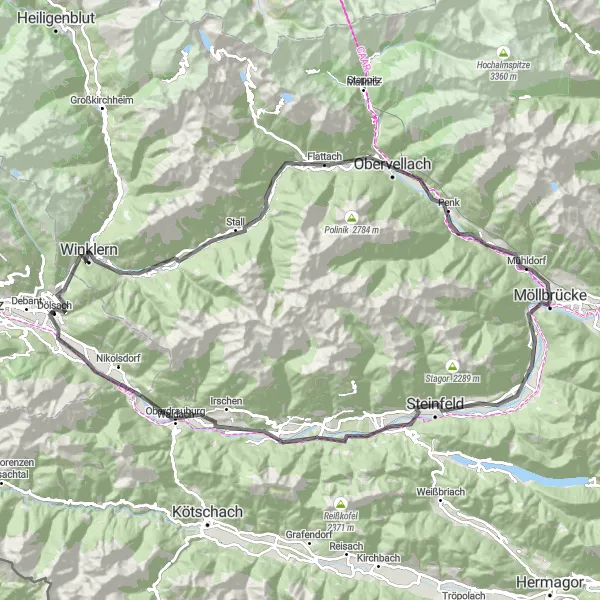 Miniature de la carte de l'inspiration cycliste "Randonnée à vélo sur route à travers les montagnes autour de Debant" dans la Tirol, Austria. Générée par le planificateur d'itinéraire cycliste Tarmacs.app