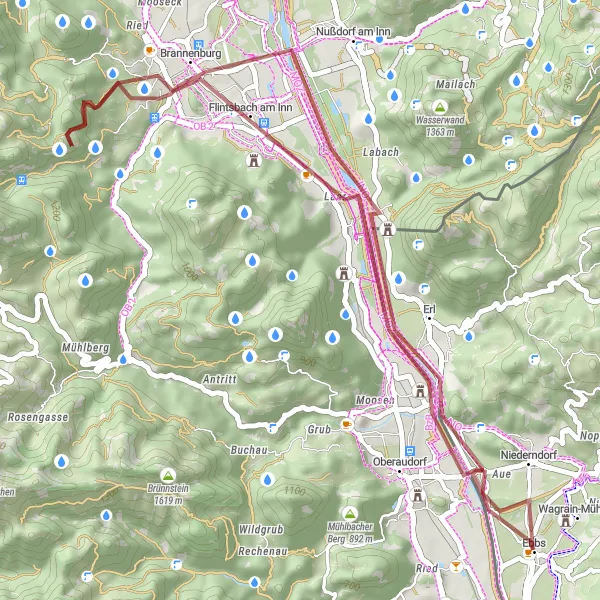 Miniatua del mapa de inspiración ciclista "Ruta de gravel por Brannenburg y Wildschütz" en Tirol, Austria. Generado por Tarmacs.app planificador de rutas ciclistas