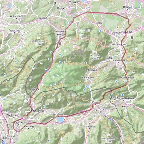 Kartminiatyr av "Grusvägar runt Chiemsee" cykelinspiration i Tirol, Austria. Genererad av Tarmacs.app cykelruttplanerare