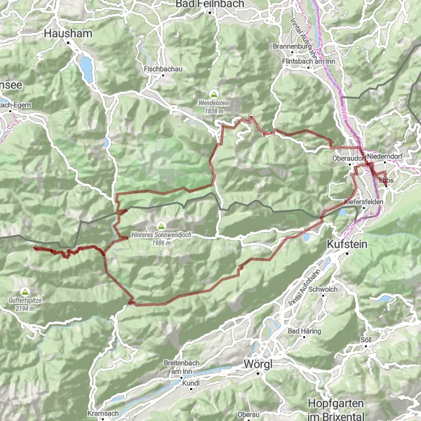 Kartminiatyr av "Ebbs - Oberaudorf - Nußlberg - Mitterland - Schattberg - Schattenkopf - Kaiserklamm - Schattlahnerkopf - Pfannberg - Bayrischzell - Großer Mühlberg - Niederndorf - Wildschütz" sykkelinspirasjon i Tirol, Austria. Generert av Tarmacs.app sykkelrutoplanlegger