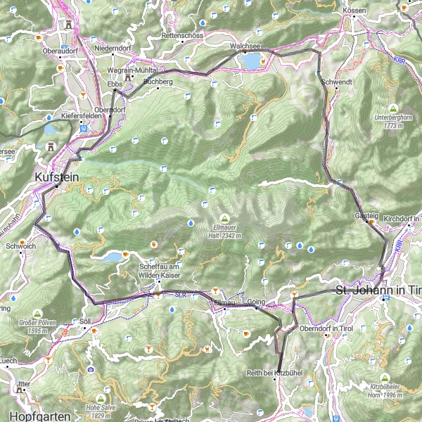 Zemljevid v pomanjšavi "Pisane kolesarske poti v osrčju Tirola" kolesarske inspiracije v Tirol, Austria. Generirano z načrtovalcem kolesarskih poti Tarmacs.app