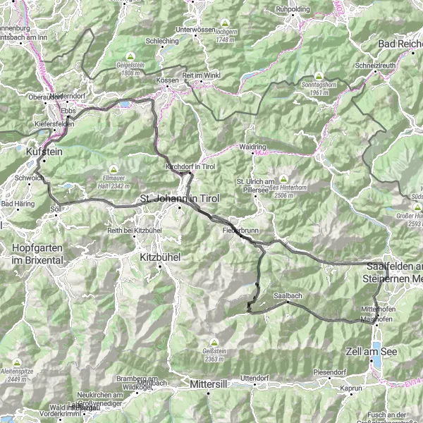 Zemljevid v pomanjšavi "162km izzivalnih cestnih poti v Tirolskem visokogorju" kolesarske inspiracije v Tirol, Austria. Generirano z načrtovalcem kolesarskih poti Tarmacs.app