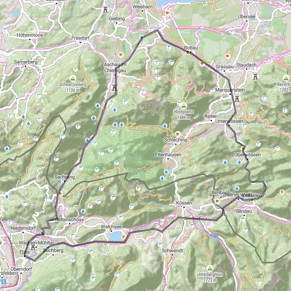 Miniatuurkaart van de fietsinspiratie "Rondfietsen vanaf Ebbs - Route naar Kössen" in Tirol, Austria. Gemaakt door de Tarmacs.app fietsrouteplanner