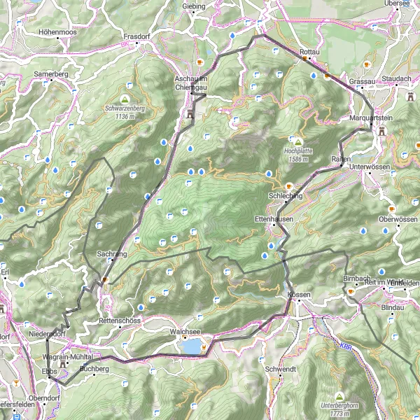 Miniaturekort af cykelinspirationen "Panoramatur gennem Chiemgau Alperne" i Tirol, Austria. Genereret af Tarmacs.app cykelruteplanlægger