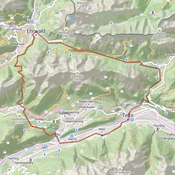 Miniaturní mapa "Ehrwald Gravel Adventure" inspirace pro cyklisty v oblasti Tirol, Austria. Vytvořeno pomocí plánovače tras Tarmacs.app