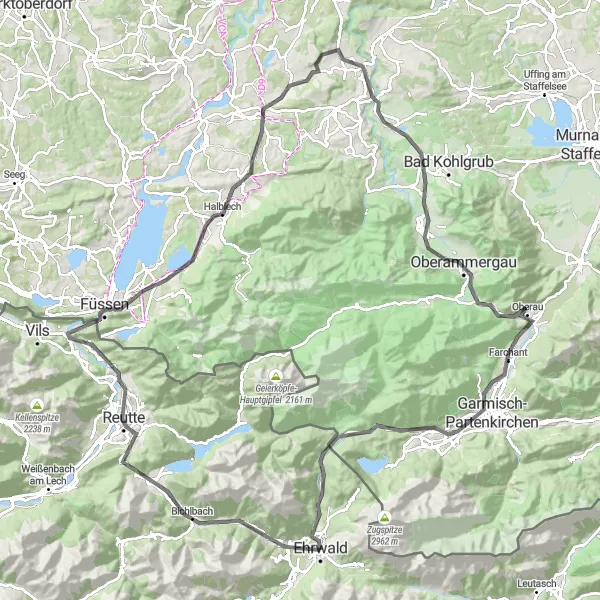 Kartminiatyr av "Ehrwald til Garmisch-Partenkirchen" sykkelinspirasjon i Tirol, Austria. Generert av Tarmacs.app sykkelrutoplanlegger