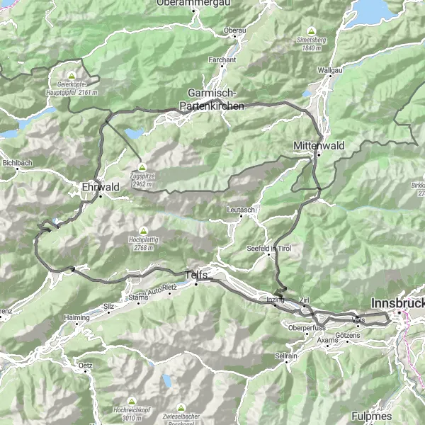 Miniature de la carte de l'inspiration cycliste "Les Montagnes du Tyrol" dans la Tirol, Austria. Générée par le planificateur d'itinéraire cycliste Tarmacs.app