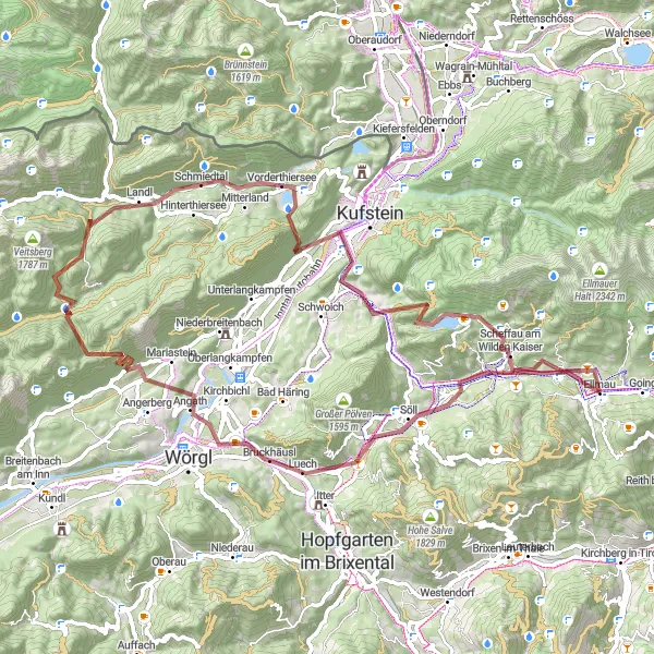 Mapa miniatúra "Náročná gravelová trasa cez Bruckhäusl, Nöck a Maistaller Berg" cyklistická inšpirácia v Tirol, Austria. Vygenerované cyklistickým plánovačom trás Tarmacs.app