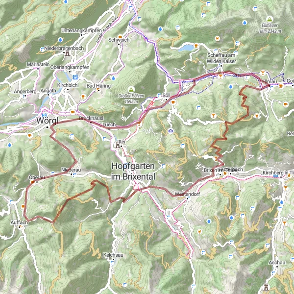 Miniatua del mapa de inspiración ciclista "Aventura en gravilla por el corazón de Tirol" en Tirol, Austria. Generado por Tarmacs.app planificador de rutas ciclistas