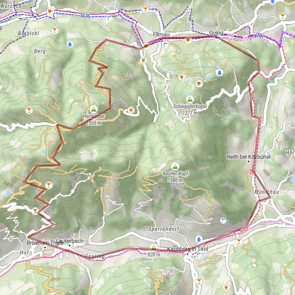 Mapa miniatúra "Gravelová trasa cez Reith bei Kitzbühel, Kirchberg in Tirol a Zinsberg" cyklistická inšpirácia v Tirol, Austria. Vygenerované cyklistickým plánovačom trás Tarmacs.app