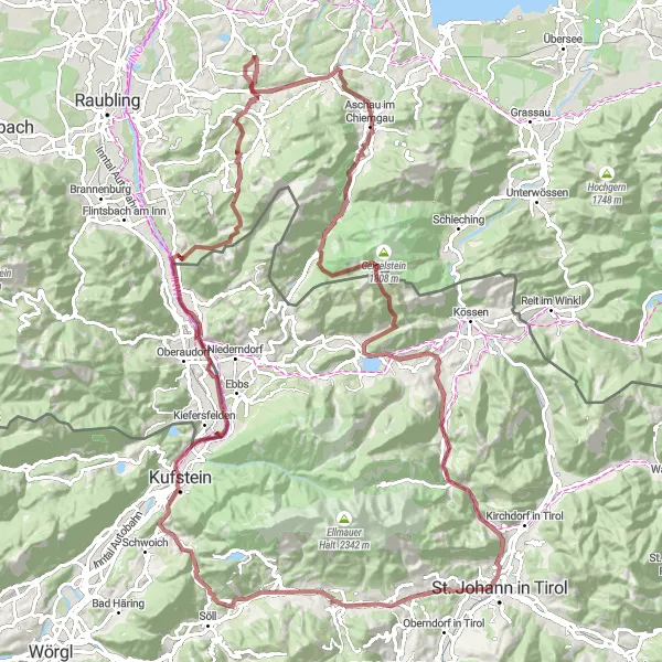 Miniatura della mappa di ispirazione al ciclismo "Avventura Gravel da Scheffau am Wilden Kaiser a Walchsee tramite Kiefersfelden e Geigelstein" nella regione di Tirol, Austria. Generata da Tarmacs.app, pianificatore di rotte ciclistiche