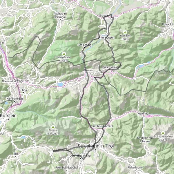 Miniaturekort af cykelinspirationen "Panoramaudsigter og naturskønne ruter" i Tirol, Austria. Genereret af Tarmacs.app cykelruteplanlægger