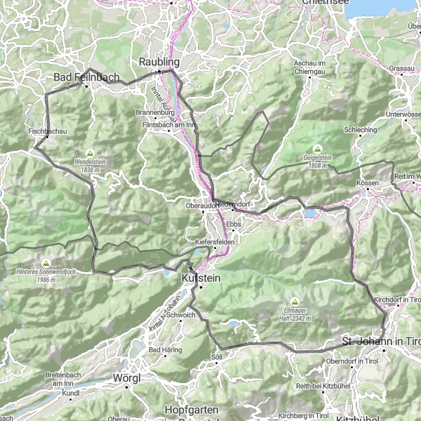 Miniatuurkaart van de fietsinspiratie "Wegroute langs Wilden Kaiser" in Tirol, Austria. Gemaakt door de Tarmacs.app fietsrouteplanner