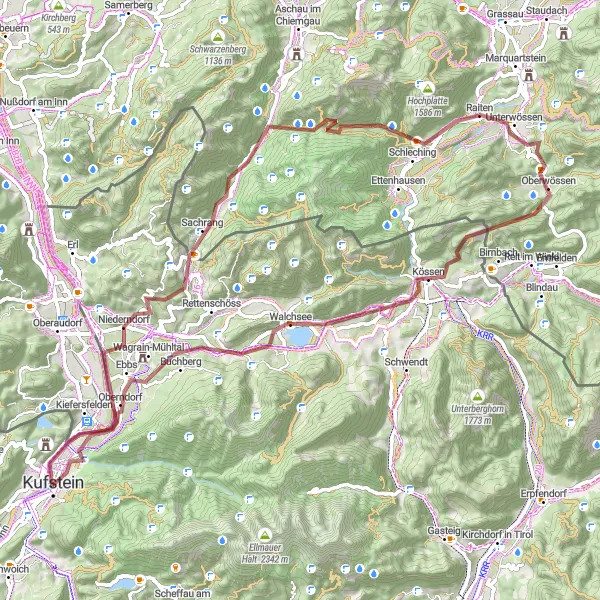 Zemljevid v pomanjšavi "Gravel route through the Austrian Alps" kolesarske inspiracije v Tirol, Austria. Generirano z načrtovalcem kolesarskih poti Tarmacs.app