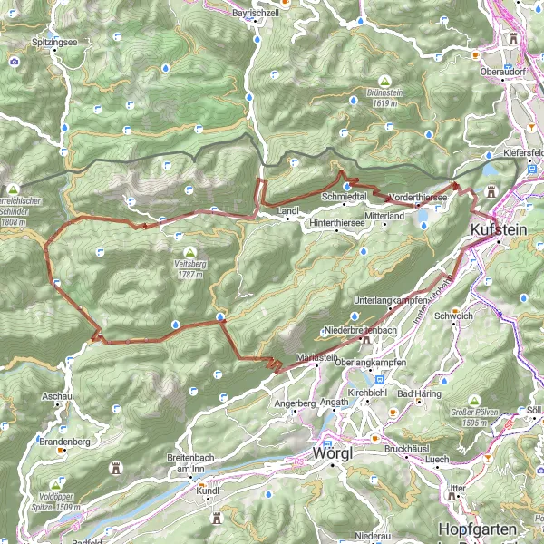 Zemljevid v pomanjšavi "Gorska avantura skozi neokrnjeno naravo" kolesarske inspiracije v Tirol, Austria. Generirano z načrtovalcem kolesarskih poti Tarmacs.app