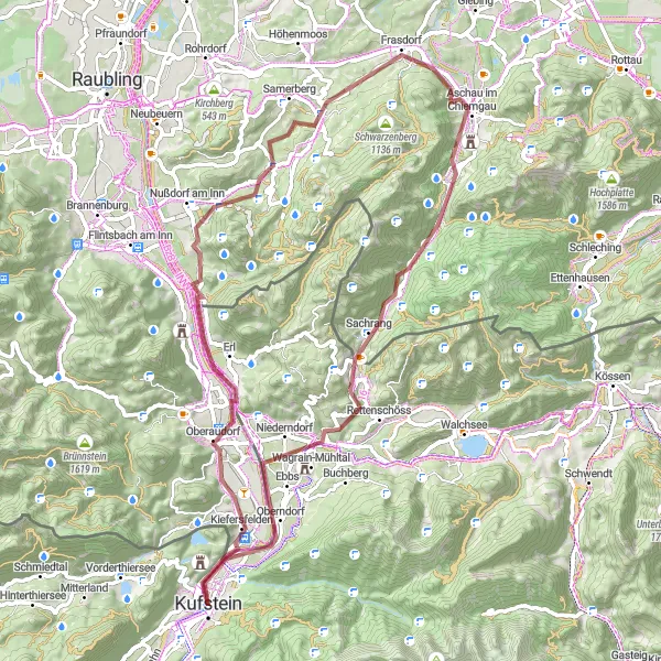 Miniatura della mappa di ispirazione al ciclismo "Esplorazione in Gravel da Endach a Thierberg" nella regione di Tirol, Austria. Generata da Tarmacs.app, pianificatore di rotte ciclistiche