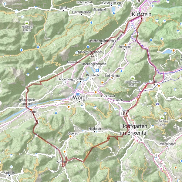 Map miniature of "Kaisergebirge Gravel Challenge" cycling inspiration in Tirol, Austria. Generated by Tarmacs.app cycling route planner