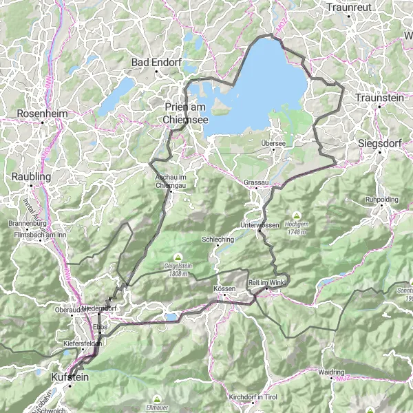 Miniatura della mappa di ispirazione al ciclismo "Giro su Strada attraverso Niederndorf e Chiemsee" nella regione di Tirol, Austria. Generata da Tarmacs.app, pianificatore di rotte ciclistiche