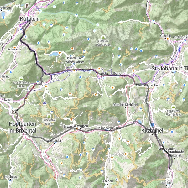 Miniatura della mappa di ispirazione al ciclismo "Avventuroso giro in bicicletta su strada di 87 km vicino a Endach" nella regione di Tirol, Austria. Generata da Tarmacs.app, pianificatore di rotte ciclistiche