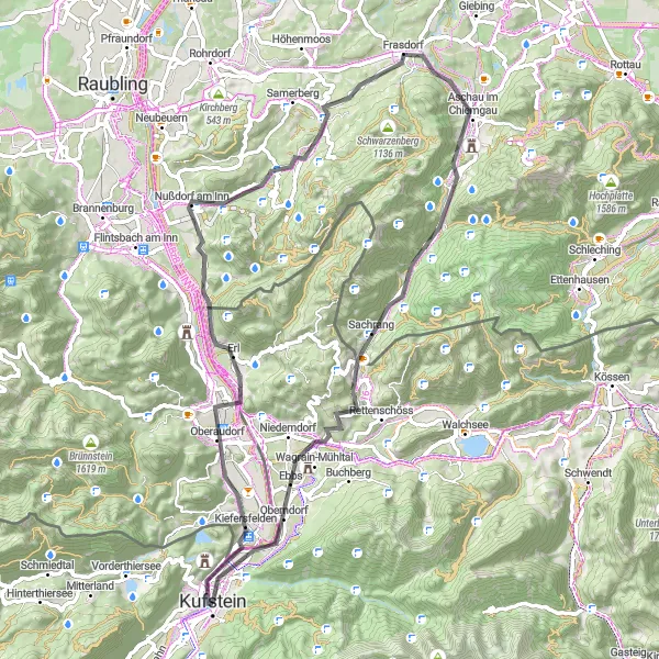 Miniatua del mapa de inspiración ciclista "Ruta escénica de Thierberg a List Denkmal" en Tirol, Austria. Generado por Tarmacs.app planificador de rutas ciclistas