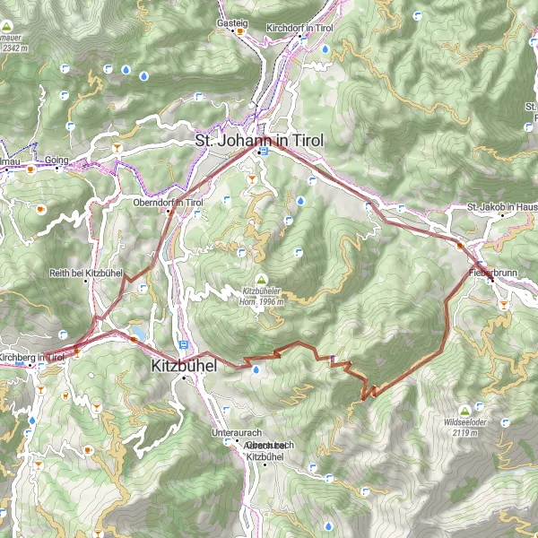 Karttaminiaatyyri "Jännittävä 53 km hiekkatiepyöräreitti" pyöräilyinspiraatiosta alueella Tirol, Austria. Luotu Tarmacs.app pyöräilyreittisuunnittelijalla