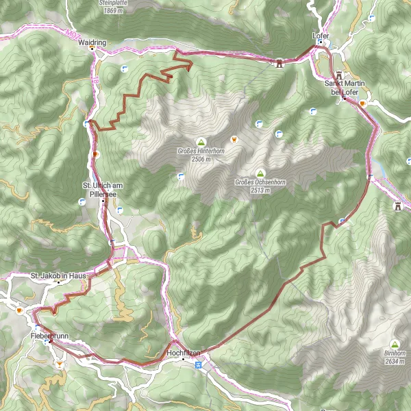 Miniatura della mappa di ispirazione al ciclismo "Avventuroso Giro in Gravel tra Fieberbrunn" nella regione di Tirol, Austria. Generata da Tarmacs.app, pianificatore di rotte ciclistiche