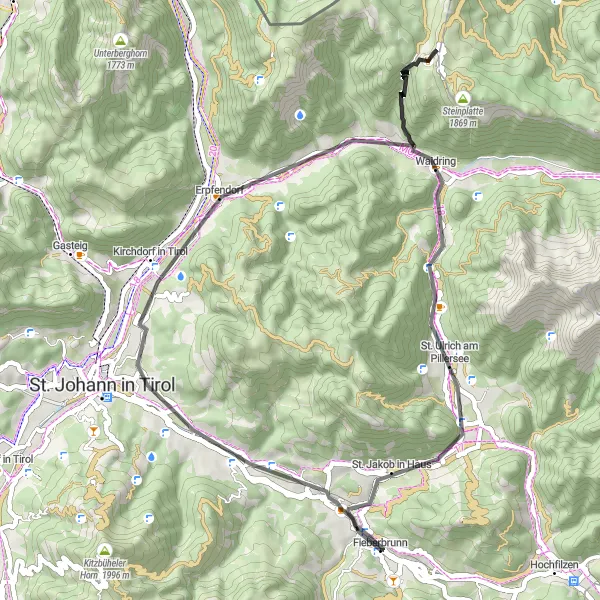 Miniatua del mapa de inspiración ciclista "Exploración de Kirchdorf in Tirol y St. Ulrich am Pillersee" en Tirol, Austria. Generado por Tarmacs.app planificador de rutas ciclistas