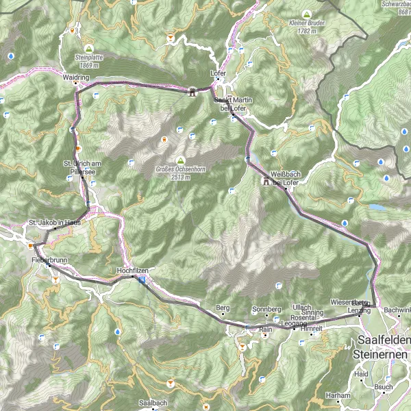 Miniatua del mapa de inspiración ciclista "Ruta en carretera por Pass Strub y Hochfilzen" en Tirol, Austria. Generado por Tarmacs.app planificador de rutas ciclistas