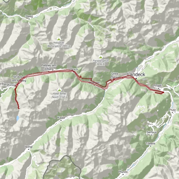 Miniatura della mappa di ispirazione al ciclismo "Tour in bicicletta tra le vette dell'Arlberg" nella regione di Tirol, Austria. Generata da Tarmacs.app, pianificatore di rotte ciclistiche
