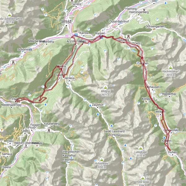 Miniatuurkaart van de fietsinspiratie "Ultiem gravelavontuur: Van kastelen tot adembenemende uitzichten" in Tirol, Austria. Gemaakt door de Tarmacs.app fietsrouteplanner