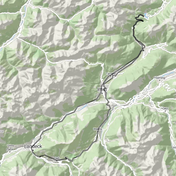 Miniatua del mapa de inspiración ciclista "Ruta de Ciclismo de Carretera Zams-Kreuzjöchlblick-Schloss Biedenegg" en Tirol, Austria. Generado por Tarmacs.app planificador de rutas ciclistas