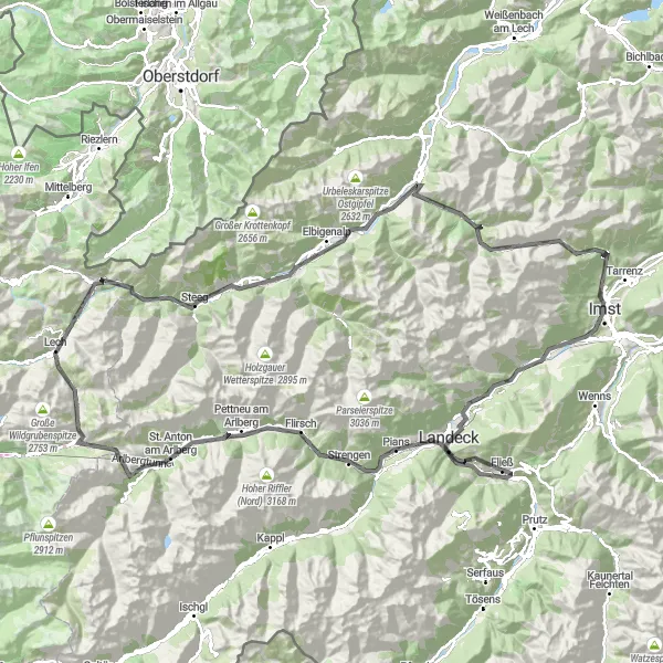 Karttaminiaatyyri "Arlberg and Lechtal Challenge" pyöräilyinspiraatiosta alueella Tirol, Austria. Luotu Tarmacs.app pyöräilyreittisuunnittelijalla