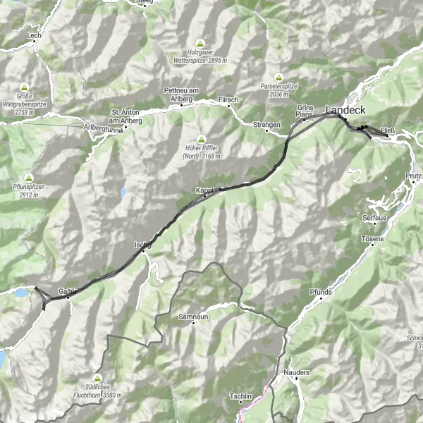 Miniatua del mapa de inspiración ciclista "Aventura escénica hasta Galtür y Nesselgarten" en Tirol, Austria. Generado por Tarmacs.app planificador de rutas ciclistas