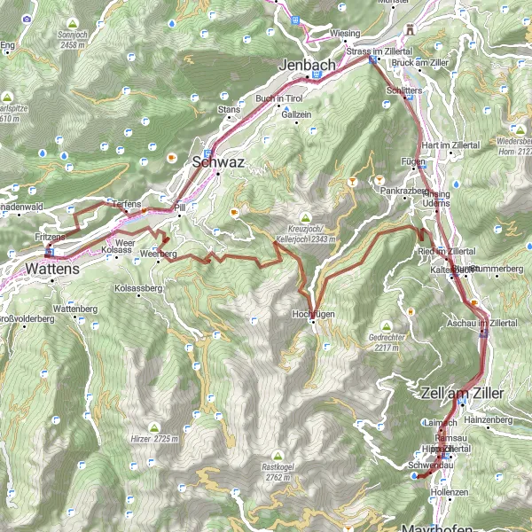 Mapa miniatúra "Gravel Trail okolo Fritzens (Tirol, Rakúsko I.)" cyklistická inšpirácia v Tirol, Austria. Vygenerované cyklistickým plánovačom trás Tarmacs.app