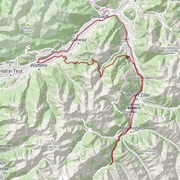 Mapa miniatúra "Gravel okruh cez Seebachkogel a Glocke" cyklistická inšpirácia v Tirol, Austria. Vygenerované cyklistickým plánovačom trás Tarmacs.app