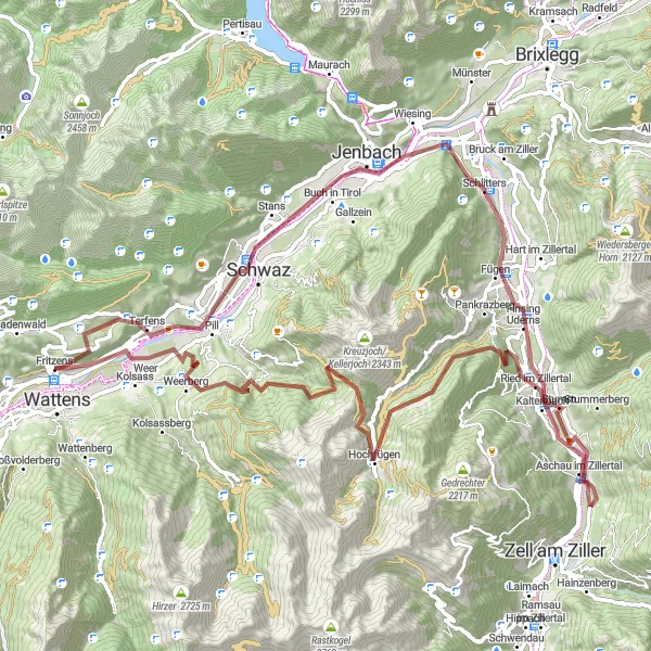 Miniatura della mappa di ispirazione al ciclismo "Giro in Gravel attraverso Hochfügen e Brettfallkopf" nella regione di Tirol, Austria. Generata da Tarmacs.app, pianificatore di rotte ciclistiche