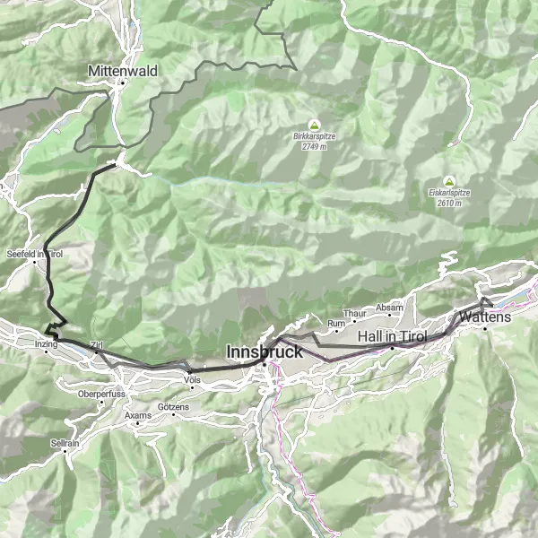 Kartminiatyr av "Utfordrende veier i Tirol" sykkelinspirasjon i Tirol, Austria. Generert av Tarmacs.app sykkelrutoplanlegger