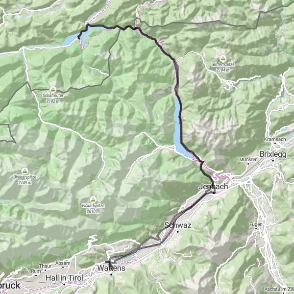 Zemljevid v pomanjšavi "Razgibana pot skozi srčiko Tirolske" kolesarske inspiracije v Tirol, Austria. Generirano z načrtovalcem kolesarskih poti Tarmacs.app