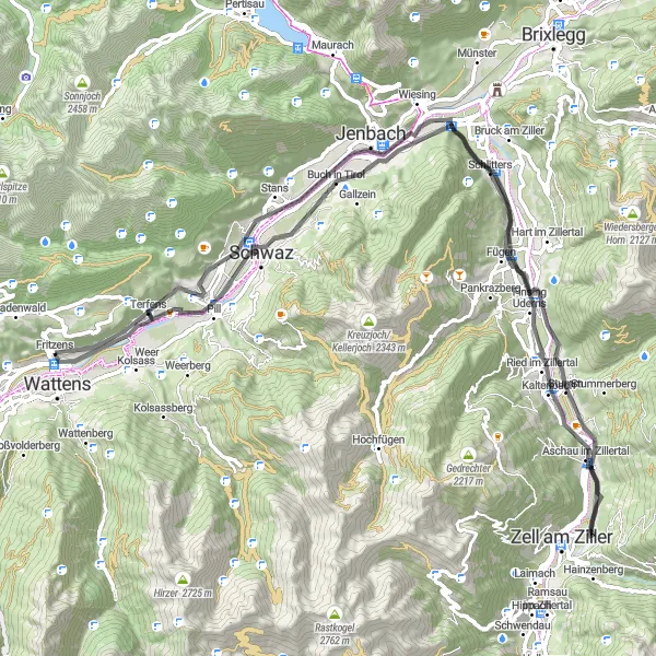 Miniatua del mapa de inspiración ciclista "Ruta de ciclismo de carretera desde Fritzens" en Tirol, Austria. Generado por Tarmacs.app planificador de rutas ciclistas