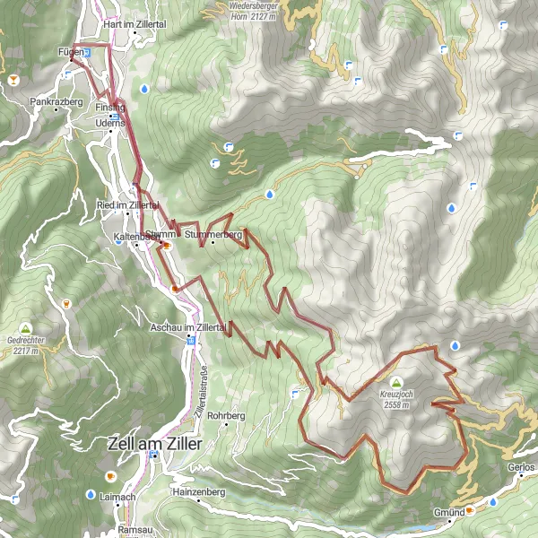 Mapa miniatúra "Mountains & Valleys Exploration" cyklistická inšpirácia v Tirol, Austria. Vygenerované cyklistickým plánovačom trás Tarmacs.app