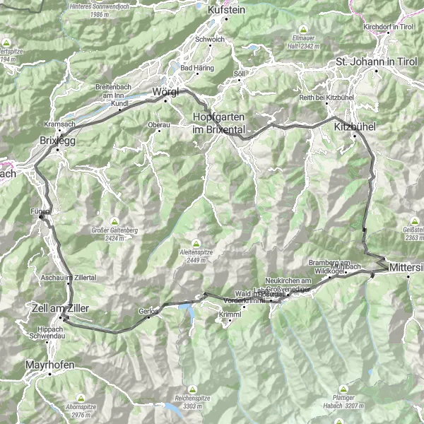 Miniatura della mappa di ispirazione al ciclismo "Avventura ciclistica tra montagne e valli" nella regione di Tirol, Austria. Generata da Tarmacs.app, pianificatore di rotte ciclistiche