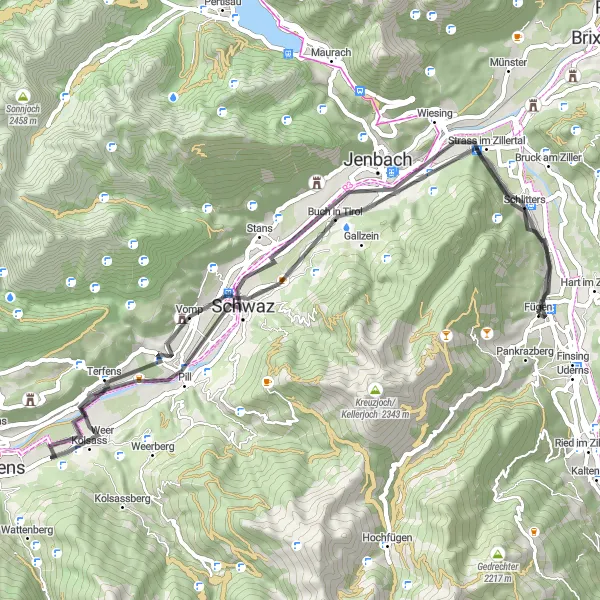 Mapa miniatúra "Fügen - Schlitterer Wasserfall - Fügen" cyklistická inšpirácia v Tirol, Austria. Vygenerované cyklistickým plánovačom trás Tarmacs.app