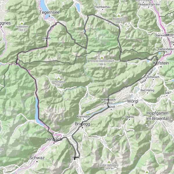 Miniatua del mapa de inspiración ciclista "Vuelta de ciclismo de montaña auténtica desde Fügen" en Tirol, Austria. Generado por Tarmacs.app planificador de rutas ciclistas