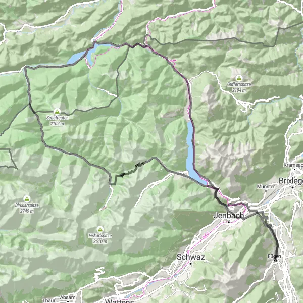 Zemljevid v pomanjšavi "Izzivi gorskega kolesarjenja v Tirolu" kolesarske inspiracije v Tirol, Austria. Generirano z načrtovalcem kolesarskih poti Tarmacs.app