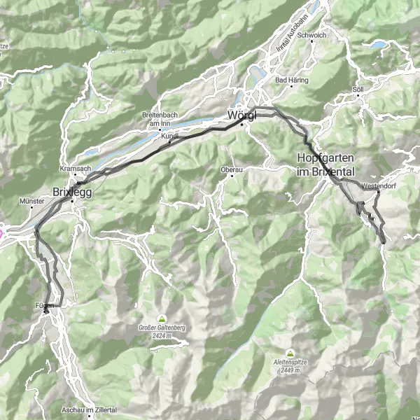 Miniatua del mapa de inspiración ciclista "Ruta de ciclismo de carretera alrededor de Fügen" en Tirol, Austria. Generado por Tarmacs.app planificador de rutas ciclistas