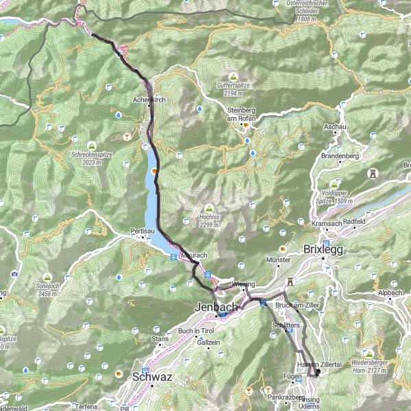 Kartminiatyr av "Fügen til Fügen via Maurach og Achenkirch" sykkelinspirasjon i Tirol, Austria. Generert av Tarmacs.app sykkelrutoplanlegger