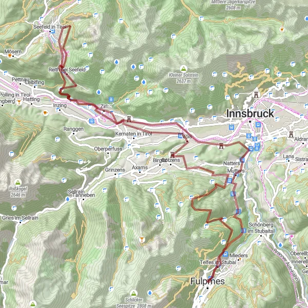 Miniatua del mapa de inspiración ciclista "Ruta de Grava a Fulpmes" en Tirol, Austria. Generado por Tarmacs.app planificador de rutas ciclistas